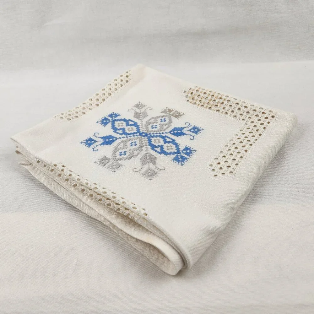 Vintage Embroidered Linen Tablecloth – 40"x40" Floral Blue Gray Stitching - Picture 13 of 13